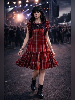 J Marie Red Plaid Lace Babydoll Dress M Goth Grunge Punk Alt Indie